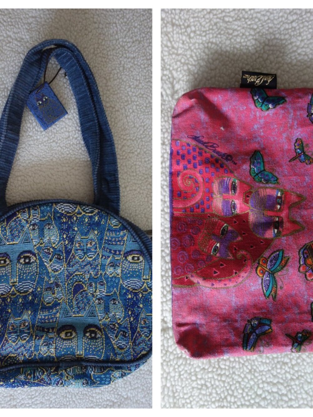 Vntg LAUREL BURCH Blue Tapestry Cat Purse w/ corduroy trim & pink make-up bag